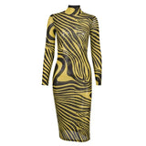 Women Autumn Long Sleeve Zebra Striped Printed Mesh See Through Bodycon Midi Dress 2021 Fall Clothes Wholesale