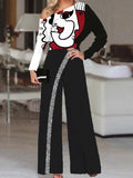 Women's Jumpsuit 2023 Autumn Fashion Rhinestone Cold Shoulder Elegant Plain Long Sleeve Wide Leg Work Long Jumpsuit Office
