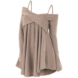 Shoulder Crisscross Tunic Sweater Casual Women Tops Pullover Solid Loose Fall Sweaters Jumpers Pull
