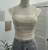 Real-Spat Thai-Style Small Design Mesh Yarn Draw-Folded Breast Sling Sling With Bra Cushion Short Sleeveless Top