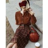 Vintage 2pcs Set Brown Single-Breasted Cardigan Knitted Sweater +High Waist Plaid Split Hip Long Skirt Women Elegant