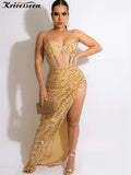 Sexy Gold Sequined High Split Maxi Dress Women Summer Strap Mesh Patchwork Bodycon Clubwear Long