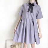 Women Bow-knot Pleated Lapel School Style Harajuku Large Size 2XL Cute Girls Newest Midi Dresses Daily Soft Popular