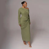 Draped Off-Shoulder Long Sleeve Top And Maxi Skirt Set- Outfit