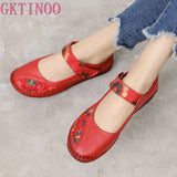 Spring Fashion Flower Design Round Toe Soft Bottom Flat Shoes Vintage Genuine Leather Women Flats Girl Loafer Large