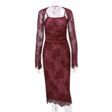 Red Lace Sheer Removable Sleeve And Lace Up Midi Dress- Outfit