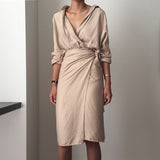 Women Casual V-neck Cotton Linen Midi Dress Full Sleeve Lace Up Female Elegant Solid