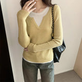 Ins Color Splicing Fake Two Long-Sleeved Tops Women's New Minority Autumn And Winter Knitted Bottomed