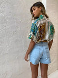 Summer Women blouse 100% ramie Flower Folds V-neck turn-down collar short sleeve printing