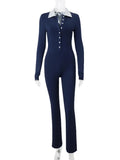 Blue Buttoned Collar Long Sleeve Jumpsuit- Outfit