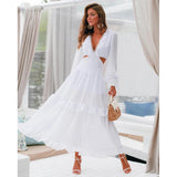 Ruffle Dress For Women 2023 Lace Female Long Sleeves Robe High Waist Beachwear Elegant Deep V Cover up Cut Out
