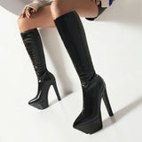 Fashion Women Knee High Boots Bright Pu Platform Super High Heel Motorcycle Boots Pointed Toe Zipper Autumn Winter