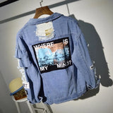 Size Where Is My Mind Korea Kpop Frayed Letter Patch Bomber Jeans Jacket Women Ripped Denim Coat Female Streetwear
