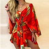 Women Elegant Dresses Sexy V Neck Lace-up Floral Print Mini Dress Casual Flared Sleeves Irregular Ladies Party