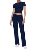 Short Sleeve Cropped Top Straight Leg Pants Set- Outfit
