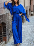 Women 2022 V Neck Shirts & Straight Long Suits Pants Outfit Loose Solid 2 Piece Sets Autumn New Commute Long Sleeve Belt