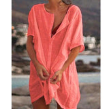 Women Buttons Office Lady Beach T-Shirts Oversized Loose Round Neck Solid Half Sleeve Summer Casual Blouse
