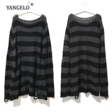 Gothic Long Unisex Sweater Summer Women Striped Cool Hollow Out Hole Broken Jumper Loose Rock Thin Dark Streetwear