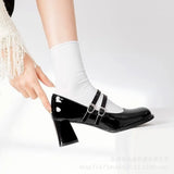 Zingj Shoes Women's New Vintage Mary Jane Heels Square Head Fashion Lady Single Shoes-Outfit