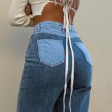 Patchwork Casual Blue Straight Long Jeans Pants Women Skinny Slim Elegant High Waist Denim Trousers Ladies