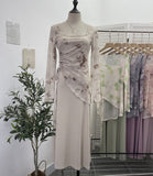 Dizzling U-Neck Rope Long-Sleeved Mesh Yarn Coat + Sling On The Back Of The Long Dress Two Sets