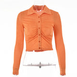 Autumn Long Sleeve Buttons Ruched T-Shirts Women Sexy Turn-Down Collar Slim Crop Tops Femme Fashion High Street T