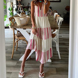 Spot 2025 Summer New Women's Fashion Striped Print V-Neck Sleeveless Medium Long