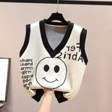 and autumn new style knitted vest Korean ladies cartoon smile women's sweater casual