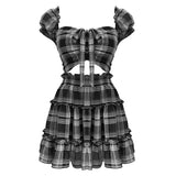 Black Gothic Two Pieces Set Women Plaid Summer 2 Piece Y2K Crop Top + High Waist Mini Skirt Punk Streetwear Skirts