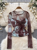 Europe Long sleeved Mesh Sheer T-shirt Fashion Skinny Temperament Office Lady Blouse O Neck Pleated Tie Dye Print