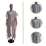 Zingj New Women's Dress Flounce Knitted Striped Slit
