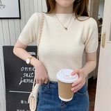Summer Knitted Thin Sweater Pullovers Korean Half Sleeve Turtleneck Sweater for Women Slim Jumper Tops Office