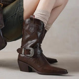 Wind Short Boots Women's Spring And Autumn Single Boots 2025 New Thick Heel High Heel Pointed Knight Boots Retro Western Cowboy