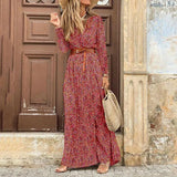 2020 Bohemian Summer Casual Belt Print Split Women's Dress Fashion Sexy Deep V Neck Short Sleeve Ladies Dresses