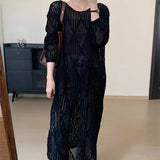 Zingj Autumn Winter New Design Sense In Long Temperament Smock Skirt Korean Hollow Out Knitting Hook Flower Dress Female-Outfit