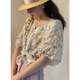 Women's Shirt Fairycore Harajuku Floral Top Female Puff Half Sleeve Elegant Chic Blouses Button Up Korean Fashion