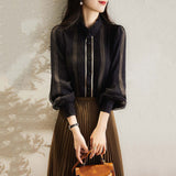 Wood Ear Lace Side Small Vertical Double-Necked Double-Lap Design Single-Lap Buckle Long-Sleeved Shirt Women 2025 Early Autumn New