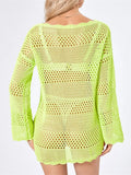 Women Bikini Cover Ups Knitted Crochet Cutout Long Sleeve Mini Dress for Beach Swimsuit Bathing Suit Summer