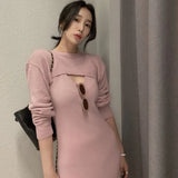 Autumn Ladies Maxi Slit Dress Elegant Women 2 Piece Set Dress Long Sleeve Solid Color Bodycon