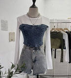 Fashion Fake Two Denim Splicing Mesh Long Sleeve Top Short Open Umbilion T-Shirt