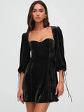 Velvet Square Neck Puff Long Sleeve Mini Dress- Outfit