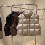 European Goods Trend Down Vest Female 2024 Winter New Fashion Splicing Loose Stand Collar Show Thin Warm Outside Wear Vest-Outfit