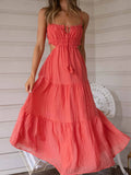 Ruched Tie-Up Strappy Maxi Dress-Outfit