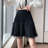 Zingj 2023 Knit Skirt Women's Short A-Word Pleated Skirt Mesh Stitching Knit Fluffy Skirt-Outfit