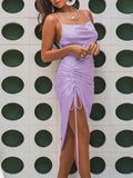 Ruched Satin Summer Dress Drawstring Spaghetti Straps Cowl Neck Backless Long Dresses for Women Party Sexy Vestidos