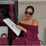 Burgundy Off Shoulder Fold Knit Midi Dress- Outfit