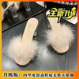 New Summer Sexy High-Heesed Slippers Women's Korean Version Of Rough And Feather Slippers Transparent Belt