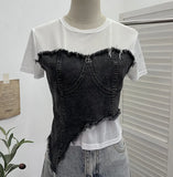 Solid Shooting Denim Splicing Mesh Yarn Short-Sleeved T-Shirt Summer Dress Irregularly Short High-Waist Repair Body Coat
