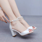Cm Fish Mouth High Heel Sandals Shallow Large-Size Round-Headed Beaded Thaigou High Heels Bridal Wedding Silk Satin