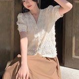 Summer Lace Chiffon Blouse and Tops V Neck Fashion Short Sleeve Shirts Women's Casual Lady Buttons Female Clothing